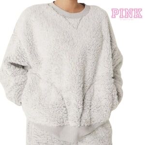 PINK Victoria Secret Sherpa Crew Oversized Sweatshirt - Grey - Size Small